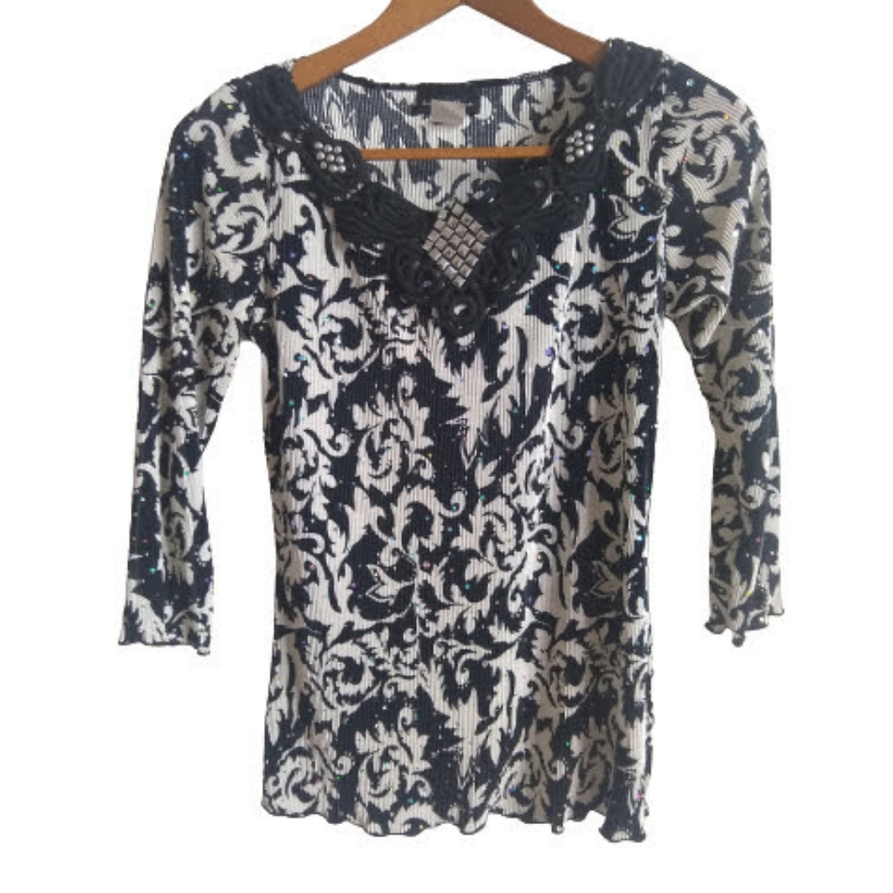 Brittany Black Women's Black and White 3/4 Sleeve Shirt Embellished Neckline